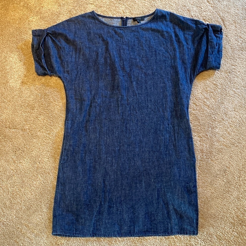 COS True Hemp & Cotton Roll Edge S/S w Pockets Shift Denim Dress Blue Size 4